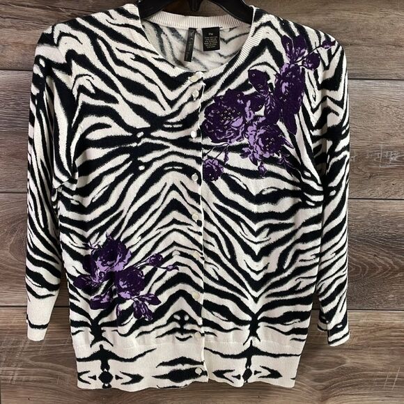 Nue Options Button Up Sweater Cardigan, Ladies Petite Small, Zebra Print - Picture 2 of 5